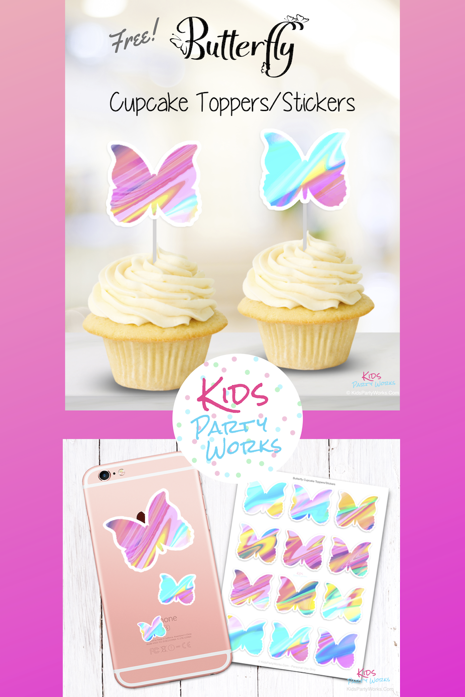 Free Butterfly Printable cupcake toppers, and also great for stickers. Visit KidsPartyWorks.Com for tons of free kids party printables.